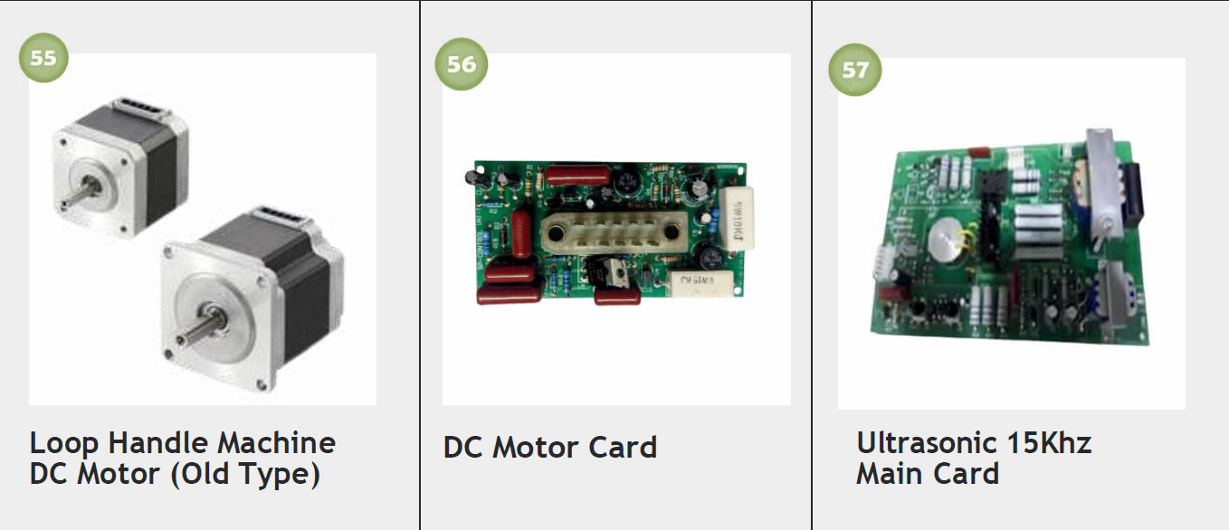 Image showing three electronic components: two DC motors labeled as Loop Handle Machine DC Motor, a DC Motor Card, and an Ultrasonic 15KHz Main Card.