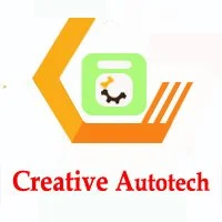 Logo of Creative Autotech with a stylized green and orange design and a small dog graphic.