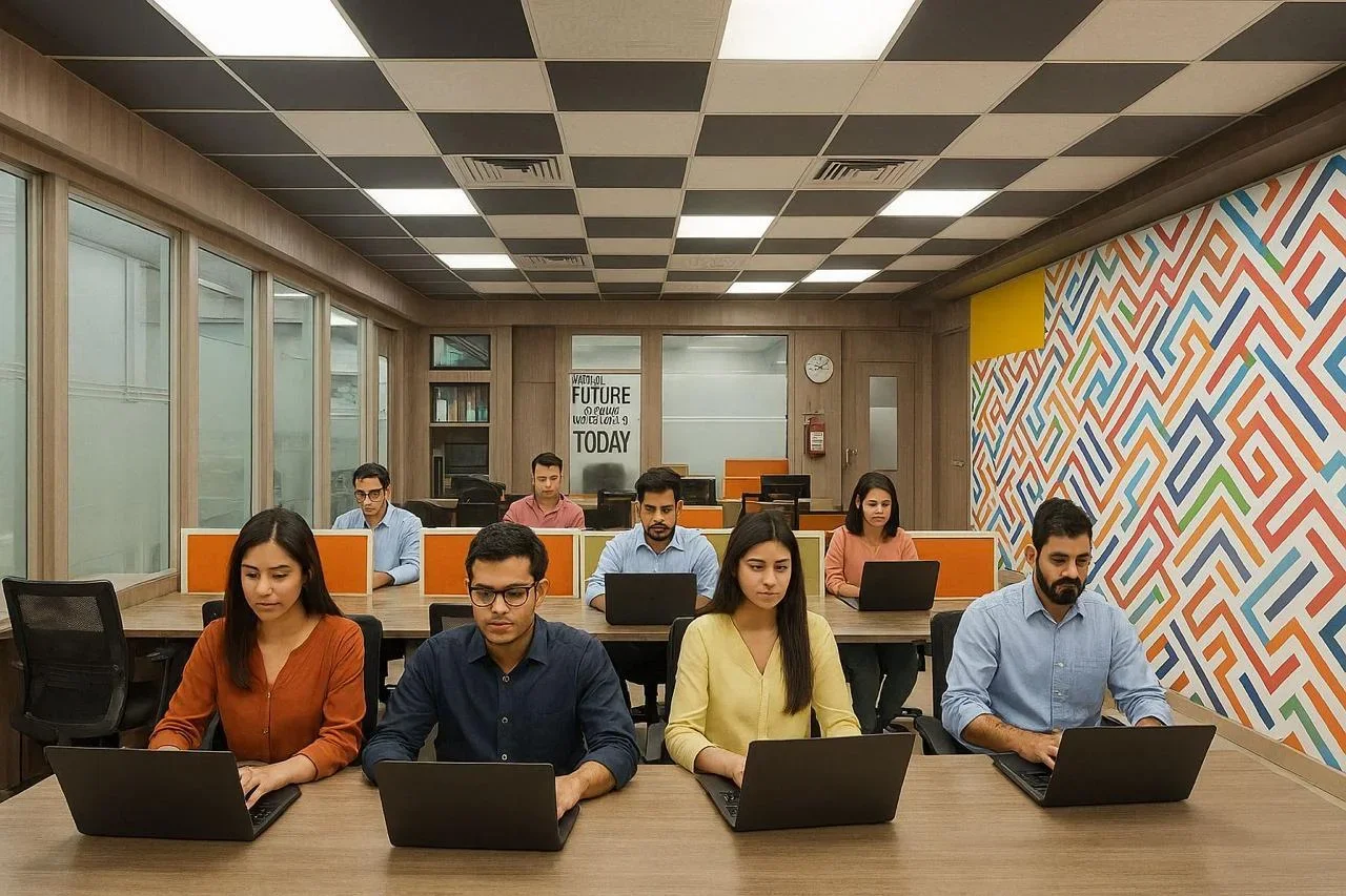 Group of eight diverse young adults working on laptops in a modern conference room with colorful wall art and large windows.