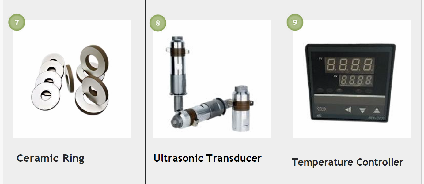 Ceramic rings, ultrasonic transducers, and a temperature controller displayed in a catalog.