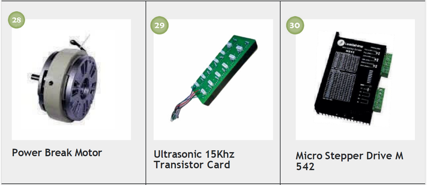 Three electronic components: a power break motor, an ultrasonic 15KHz transistor card, and a micro stepper drive M542.
