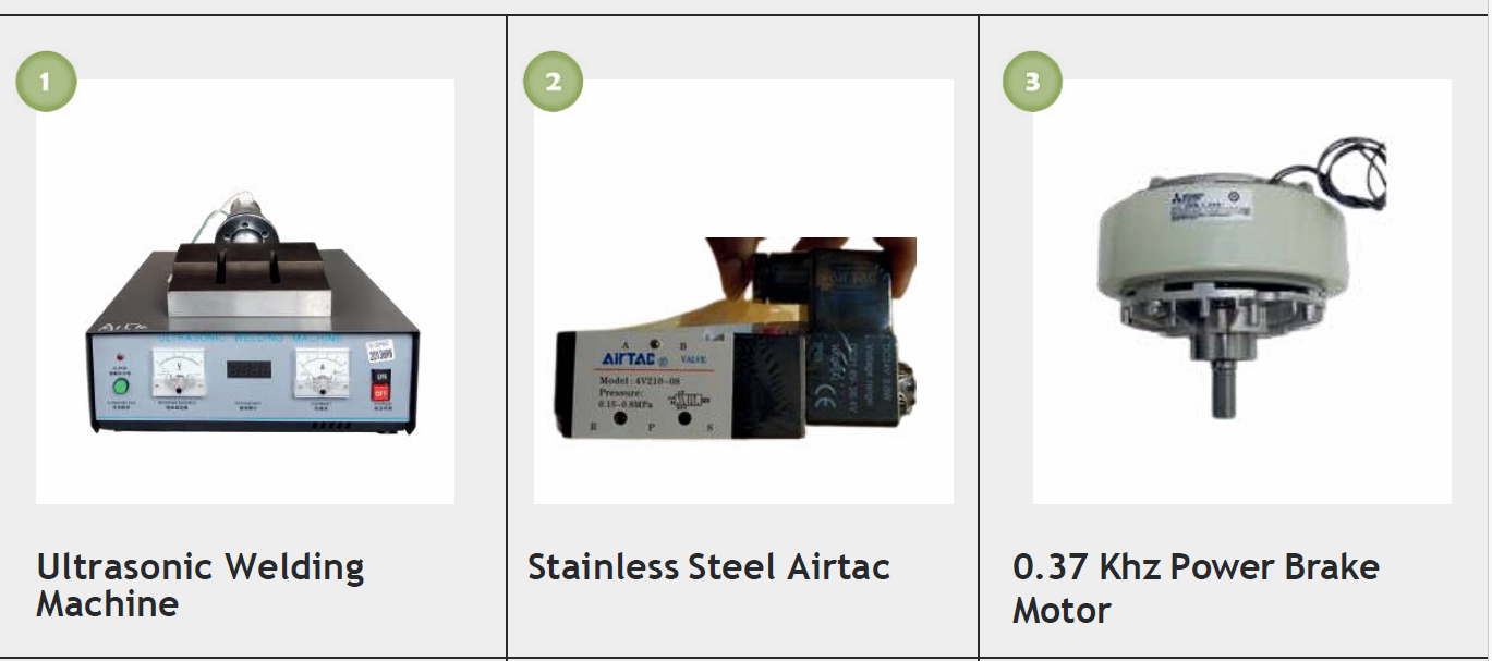 Three industrial machine parts: ultrasonic welding machine, stainless steel Airtac valve, and 0.37 kHz power brake motor.