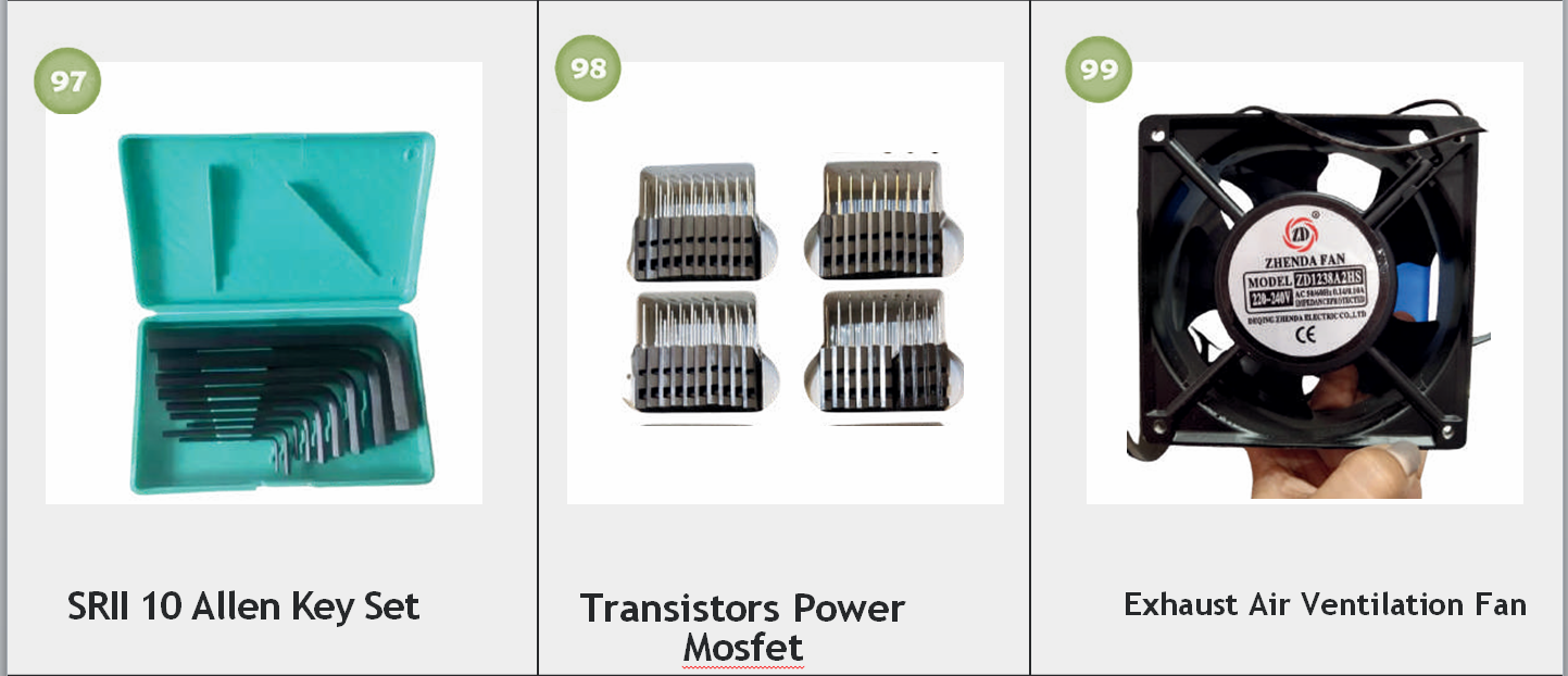 A digital image showing three electronic components; on the left, a green case with Allen keys labeled 'SRII 10 Allen Key Set', in the middle, four sets of transistors labeled 'Transistors Power Mosfet', and on the right, a hand holding a black square-shaped exhaust air ventilation fan with a label.