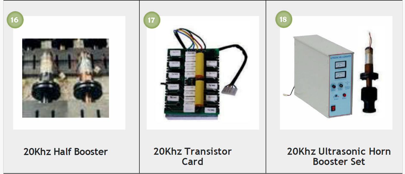 Three electronic components for 20KHz audio frequency: a half booster, a transistor card, and an ultrasonic horn booster set.