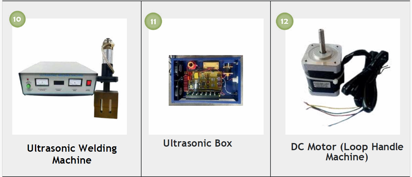 Three industrial electronic devices: an ultrasonic welding machine, an ultrasonic box, and a DC motor with a loop handle.