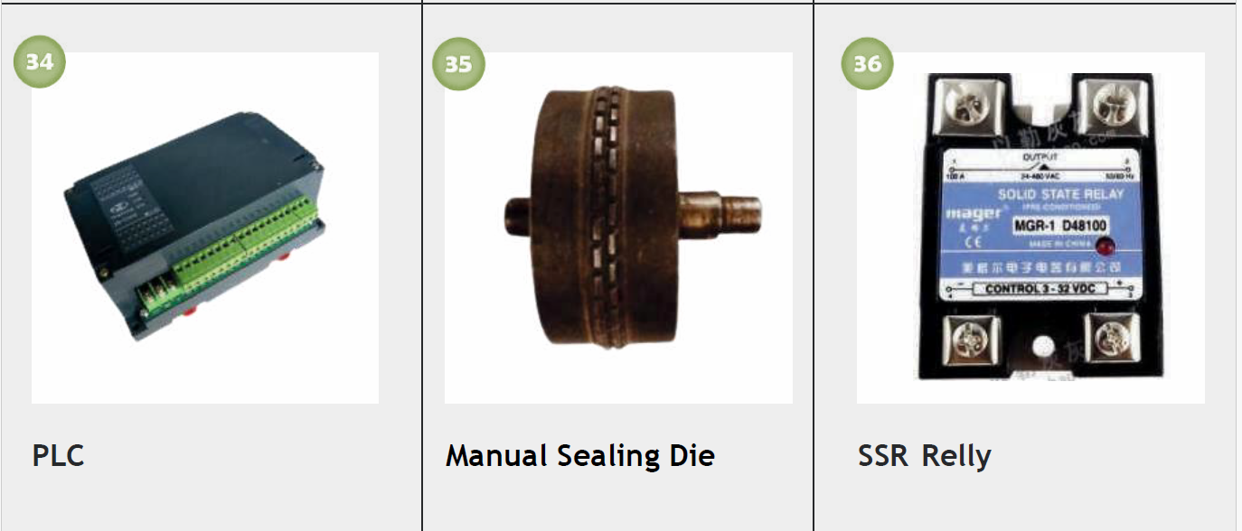 Electrical automation components including a PLC, a manual sealing die, and an SSR relay.