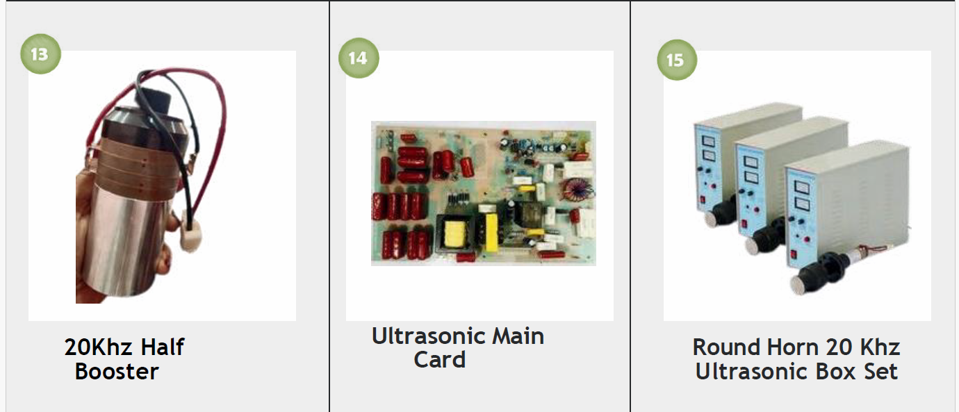 A hand holding a cylindrical metal device with wires, labeled as 20KHz Half Booster, along with an electronic circuit board labeled Ultrasonic Main Card, and a set of three white ultrasonic control boxes labeled Round Horn 20 KHz Ultrasonic Box Set.