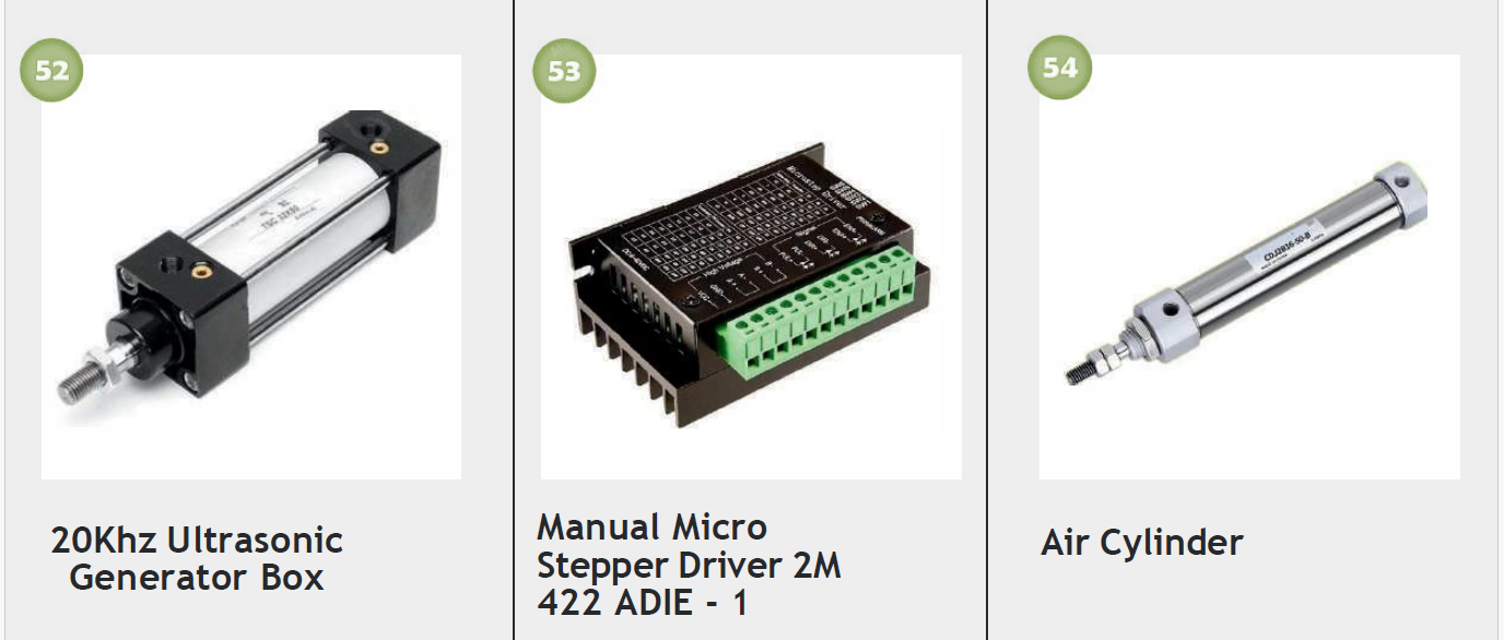 Three electronic components: a 20KHz ultrasonic generator box, a manual micro stepper driver, and an air cylinder.