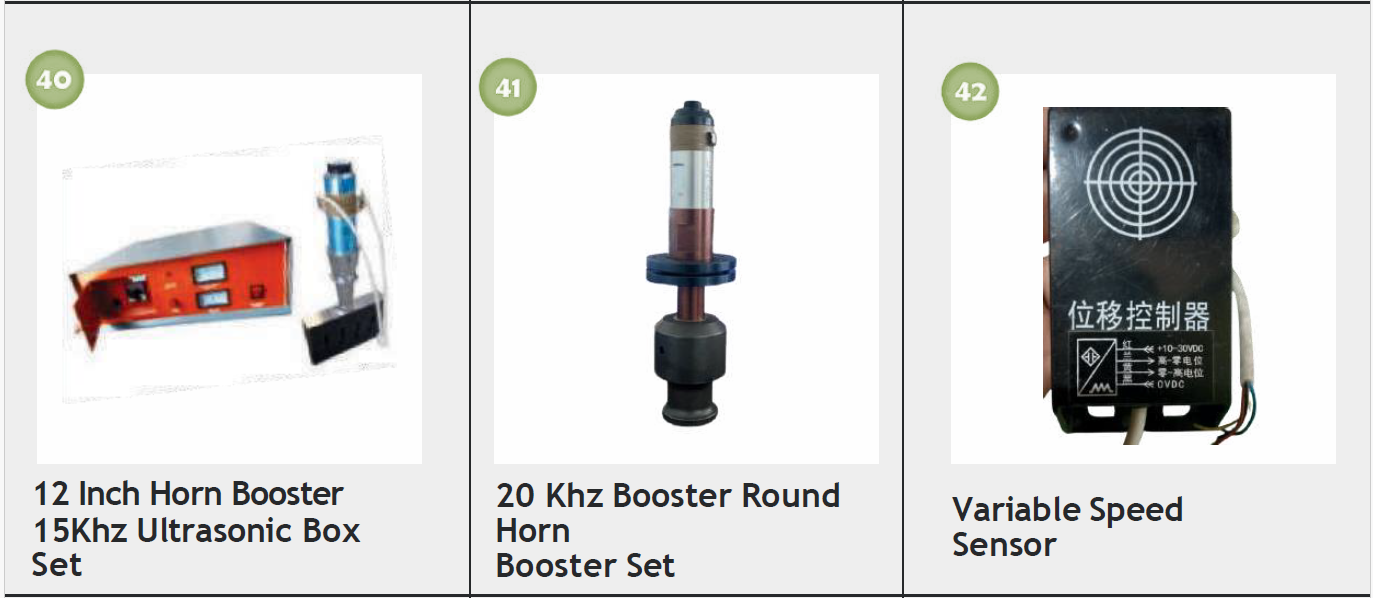 A set of three electronic devices: a 12-inch horn booster ultrasonic box set, a 20 KHz round horn booster, and a variable speed sensor.