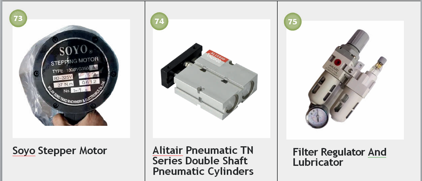 Three industrial machine components: a Soyo stepper motor on the left, an Alitair pneumatic double shaft cylinder in the middle, and a filter regulator with lubricator on the right.