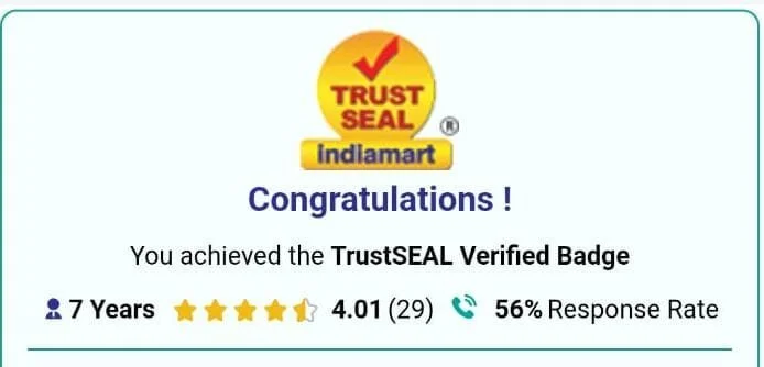 Certificate or badge from TrustSeal Indiamart showing 7 years, 4.01 rating, 29 reviews, and 56% response rate.