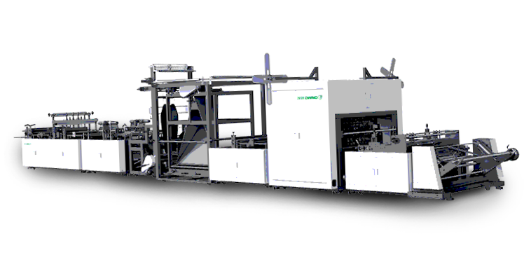 Industrial packaging machine with multiple conveyor belts and compartments used for manufacturing or processing