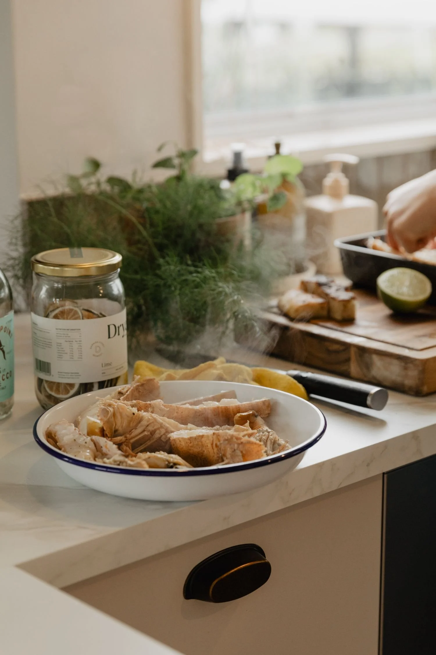 Kitchen counter with a dish of cooked chicken, a halved lime, a jar labeled 'Dr.' containing dried lemon slices, and various bottles and plants near a window.