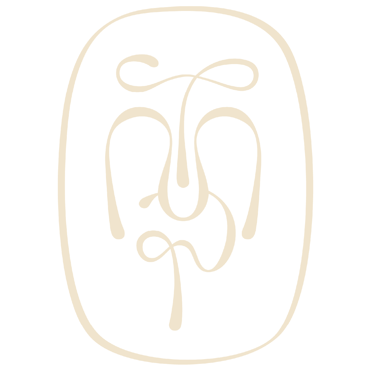 Line art illustration of a human face with abstract, minimalistic features on a black background, created with continuous beige lines.