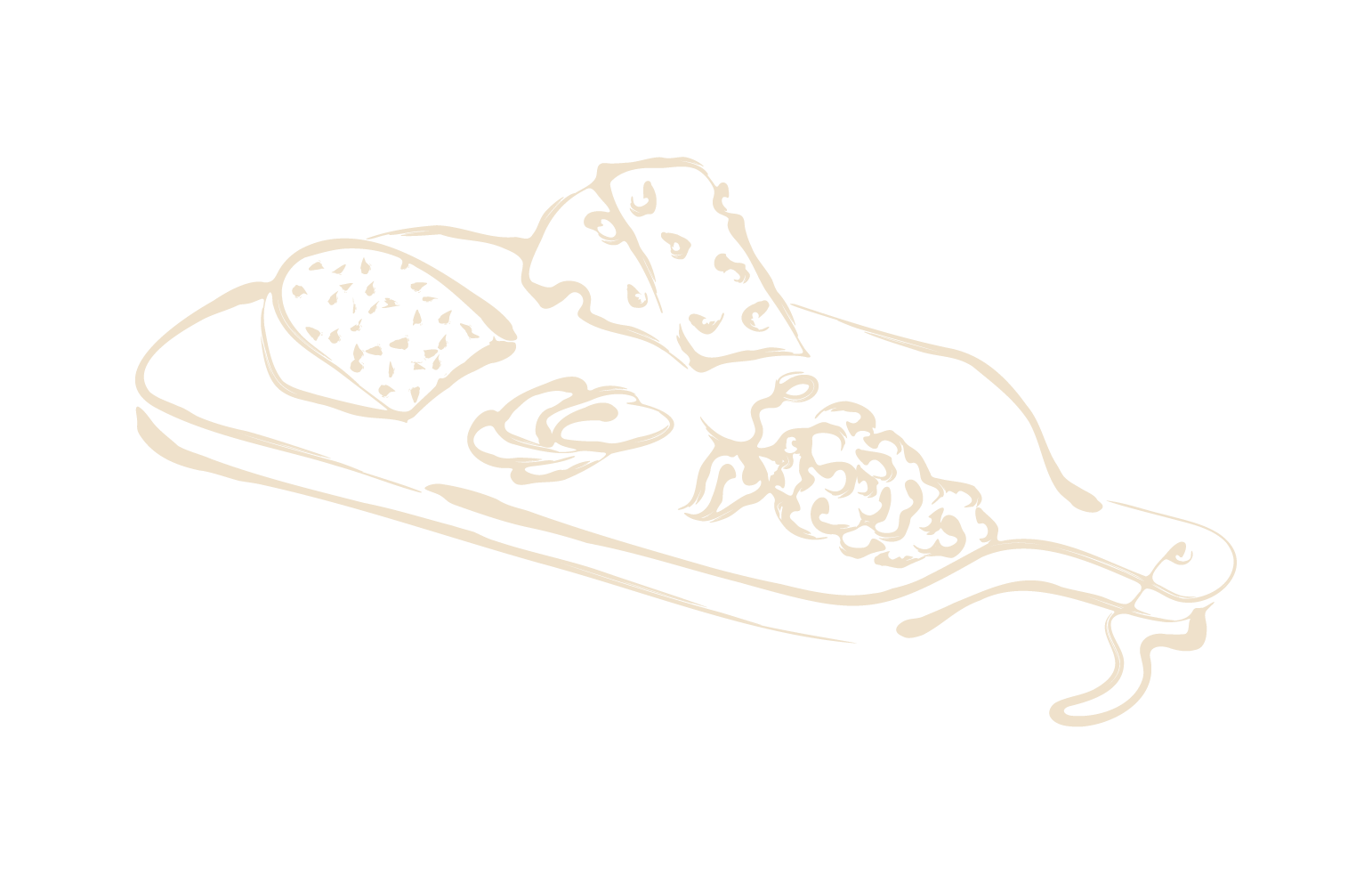 Line drawing of a pizza with various toppings on a tray.