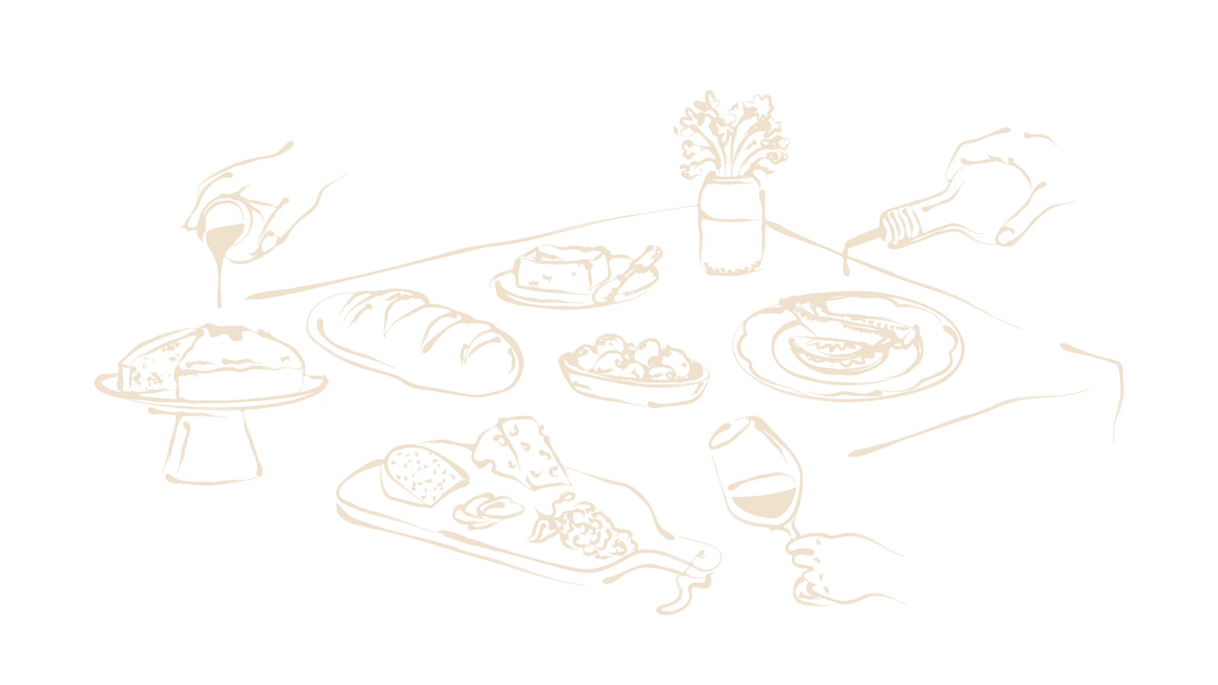 A line art drawing of a dinner table set with various foods, drinks, and utensils, including bread, cheese, fruits, a plate with food, a container with a plant, and hands holding utensils.