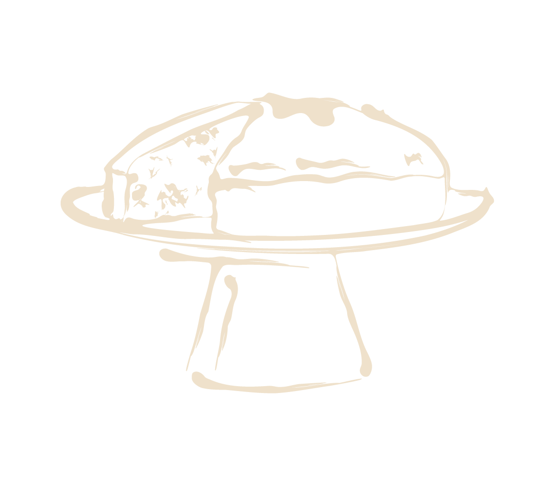 Black and white illustration of a pie on a stand, with one slice cut out.