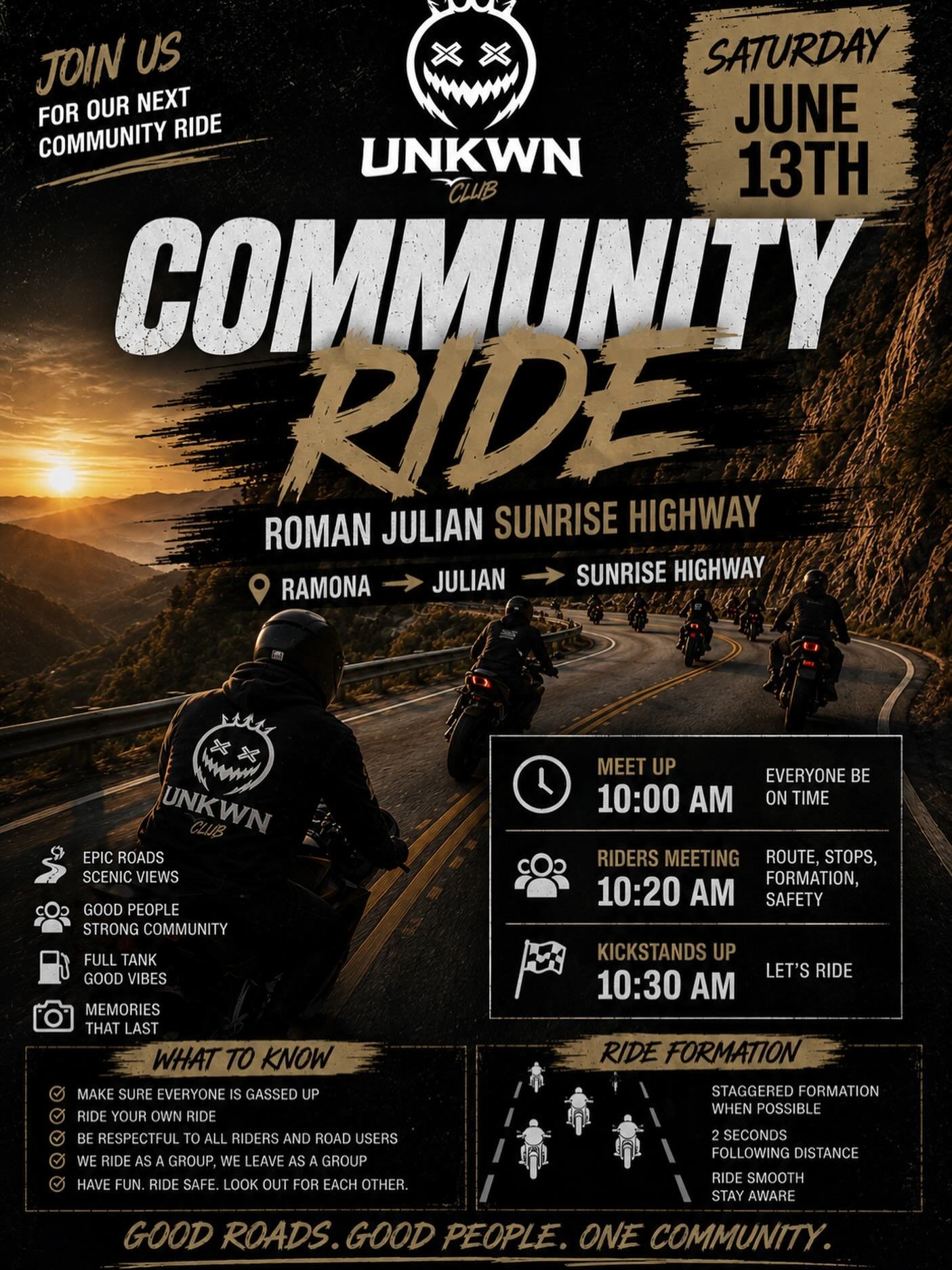 We&rsquo;re heading back to some of Southern California&rsquo;s best roads.

📍 Ramona &rarr; Julian &rarr; Sunrise Highway
📅 Saturday, June 13th 

1315 Main St
Ramona, CA  92065
United States

⏰ Meet Up: 10:00 AM
📢 Riders Meeting: 10:20 AM
🏁 Kick