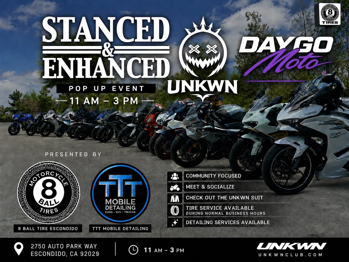 Pull up this Saturday for the UNKWN x Stanced &amp; Enhanced Pop-Up in Escondido.

Come meet the community, check out the bikes, connect with local riders, and support 8 Ball Tire and TTT Mobile Detailing.

We&rsquo;ve also been working on something 