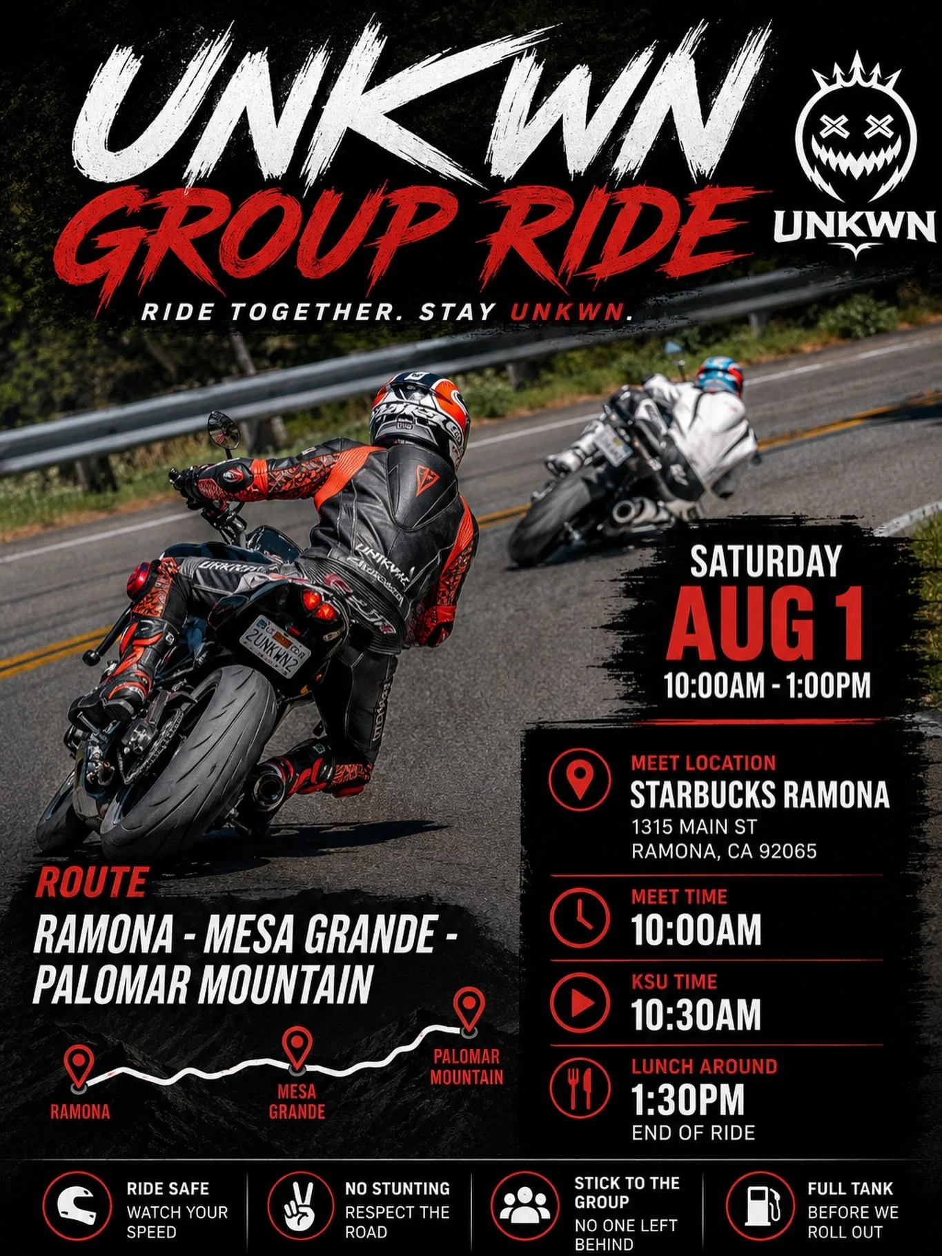 Join UNKWN this Saturday, August 1st, for a morning ride through some of Southern California&rsquo;s best roads.

We&rsquo;ll be rolling from Ramona through Mesa Grande before climbing Palomar Mountain, finishing the day with lunch around 1:30 PM.

W