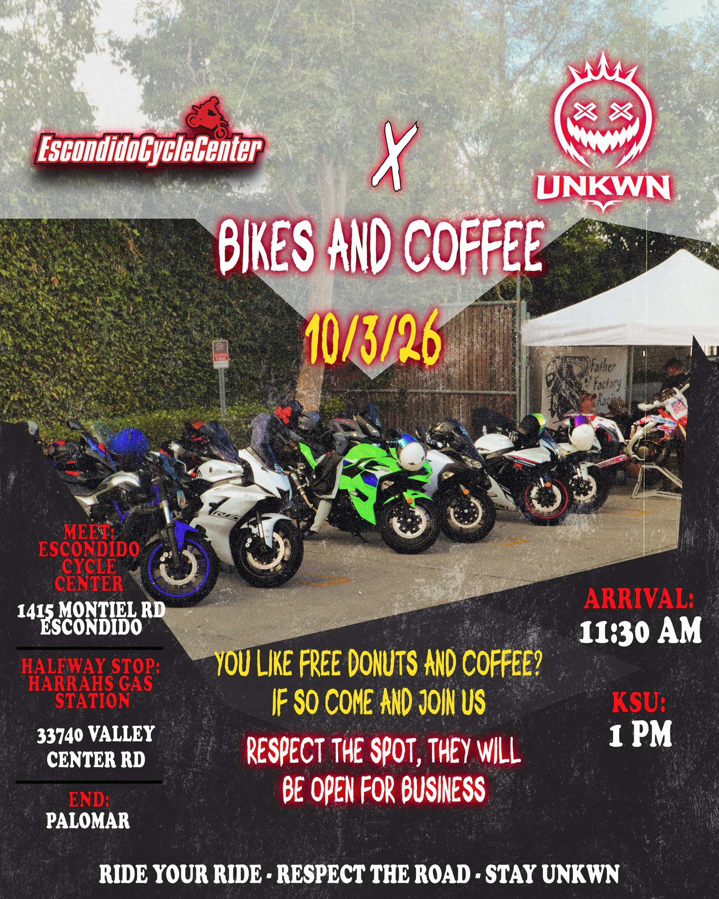 BIKES &amp; COFFEE ☕🏍️

We&rsquo;re bringing the community to Escondido Cycle Center for some complimentary coffee &amp; donuts before heading out for a great ride through Palomar Mountain. 🖤

Please come fueled up and ready to ride.

We&rsquo;ll b