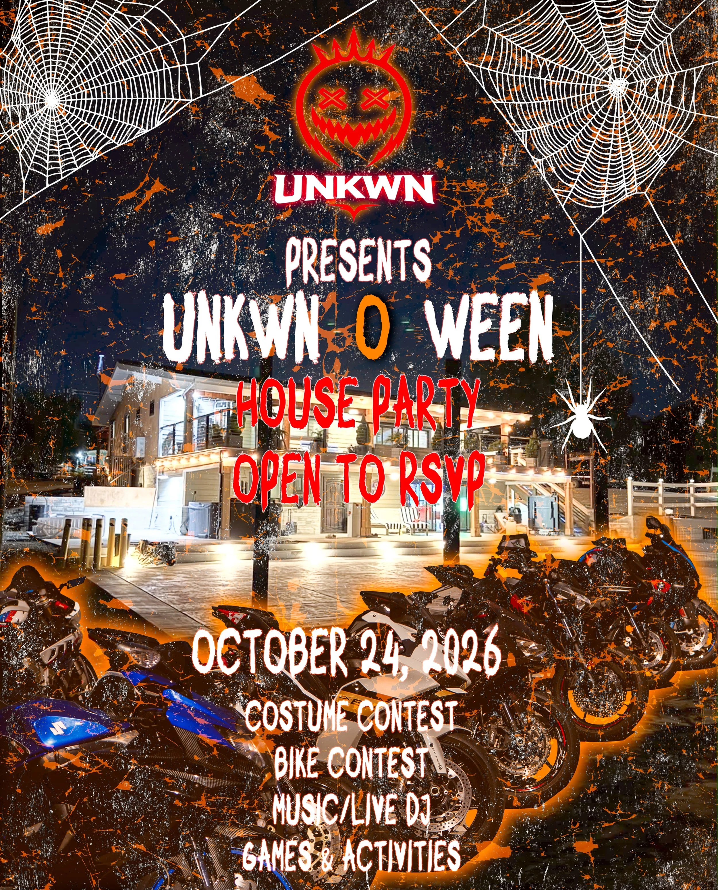 🎃 UNKWN O WEEN 🎃

‼️ UNKWN O WEEN IS HERE.
It&rsquo;s time to get spooky with the UNKWN 🖤🎃

🍔 FOOD
🍻 DRINKS
🎮 GAMES
🎧 LIVE DJ
🏆 COSTUME CONTEST
👻 AND MORE&hellip;

This isn&rsquo;t just another event WE&rsquo;RE THROWING A FULL ON HOUSE PAR