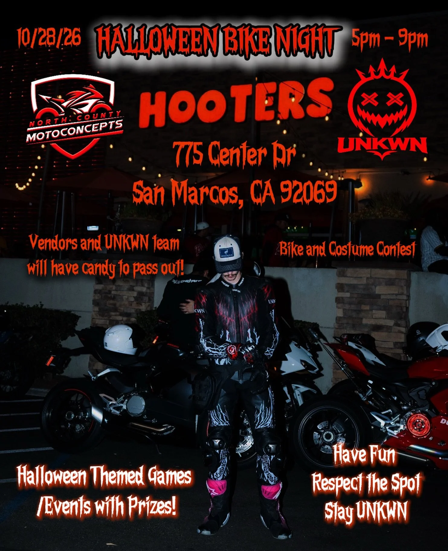 🎃 HALLOWEEN BIKE NIGHT IS HERE! 🏍️

UNKWN &times; NORTH COUNTY MOTOCONCEPTS 🖤

We&rsquo;re bringing the motorcycle community together for a Halloween themed bike night at Hooters in San Marcos!

Come out, bring your friends, show off your bikes, a