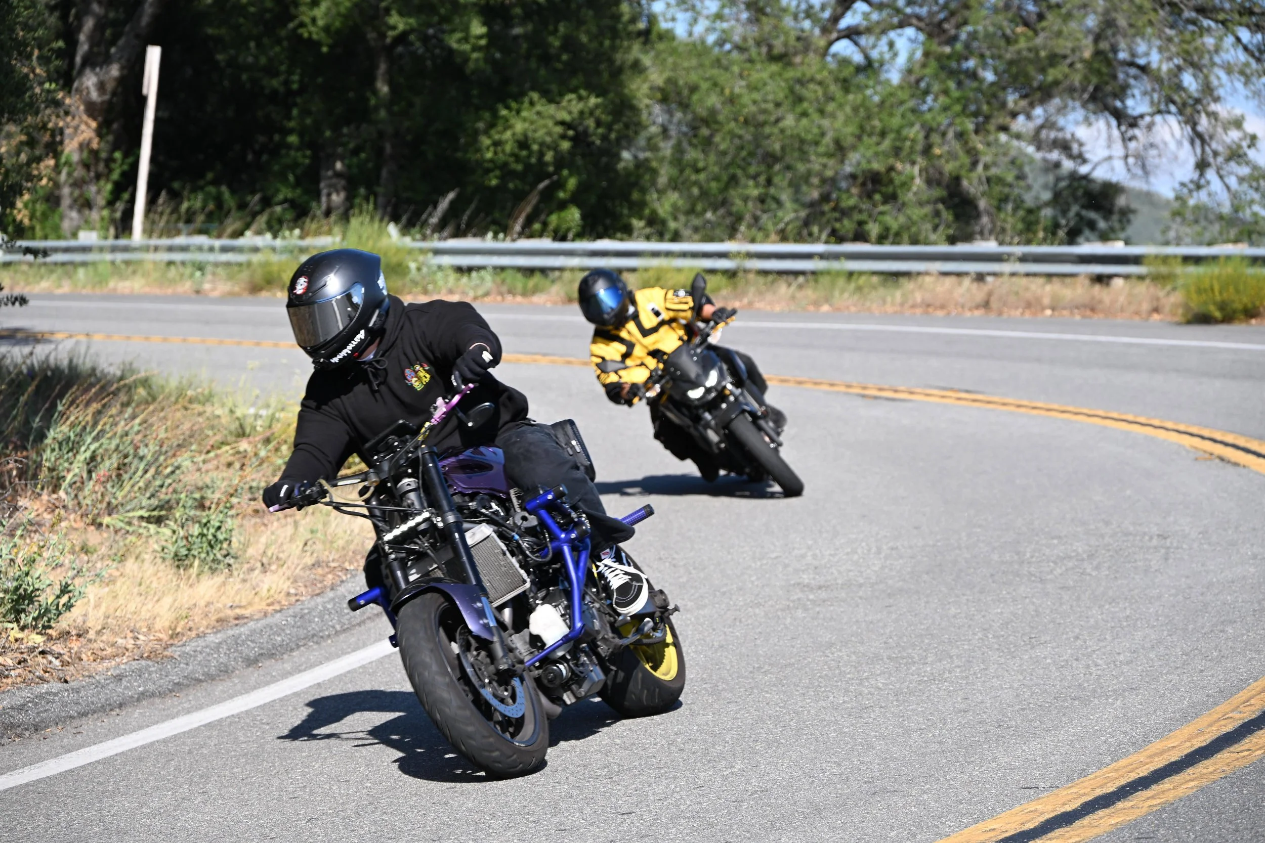 Two motorcyclists leaning into a curve on a mountain road, one in black gear riding a purple bike, the other in a yellow and black jacket riding a black bike, surrounded by trees and guardrails.