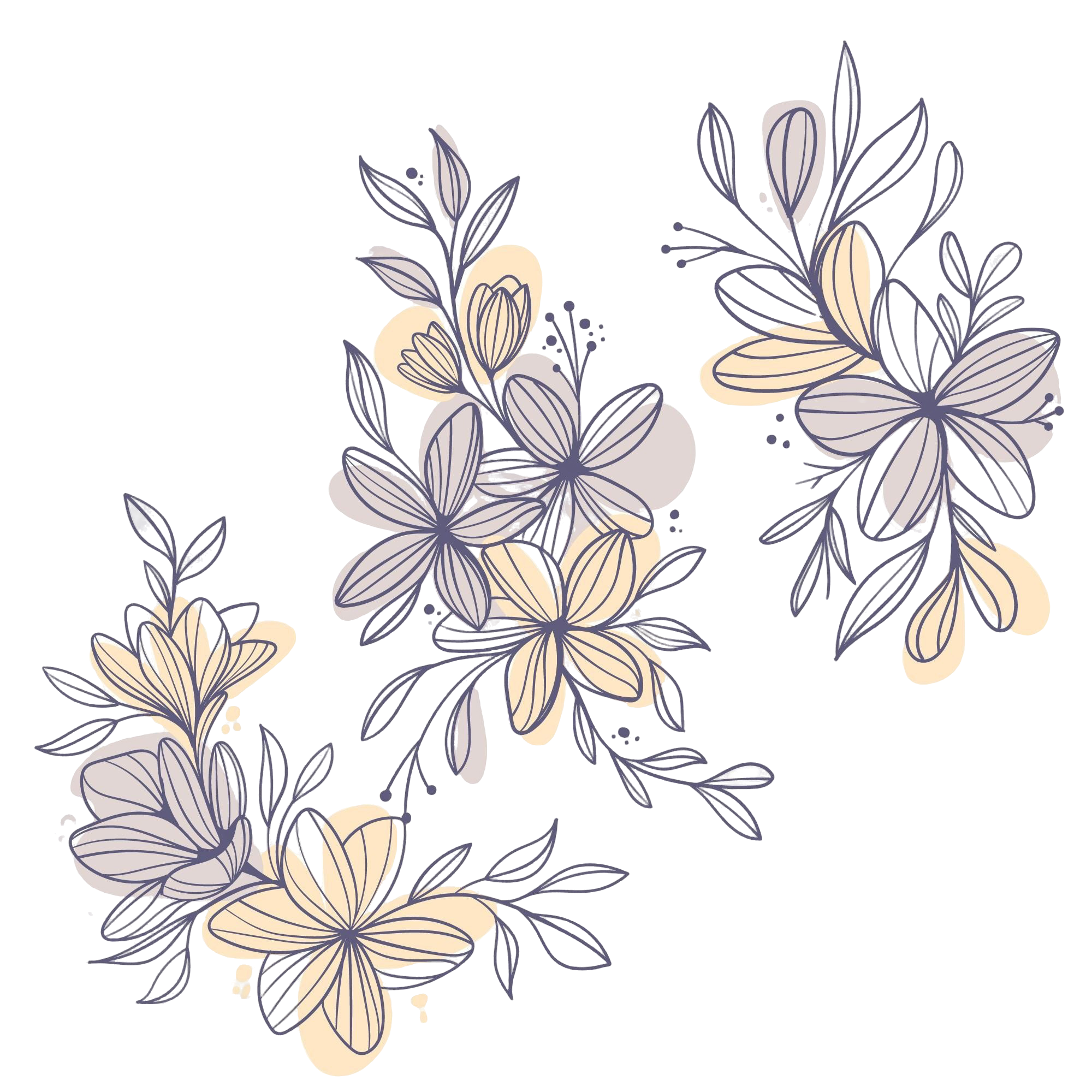 A decorative illustration of flowers with outlined petals and leaves, intertwined with soft cream and grey accents, arranged in an elegant composition.