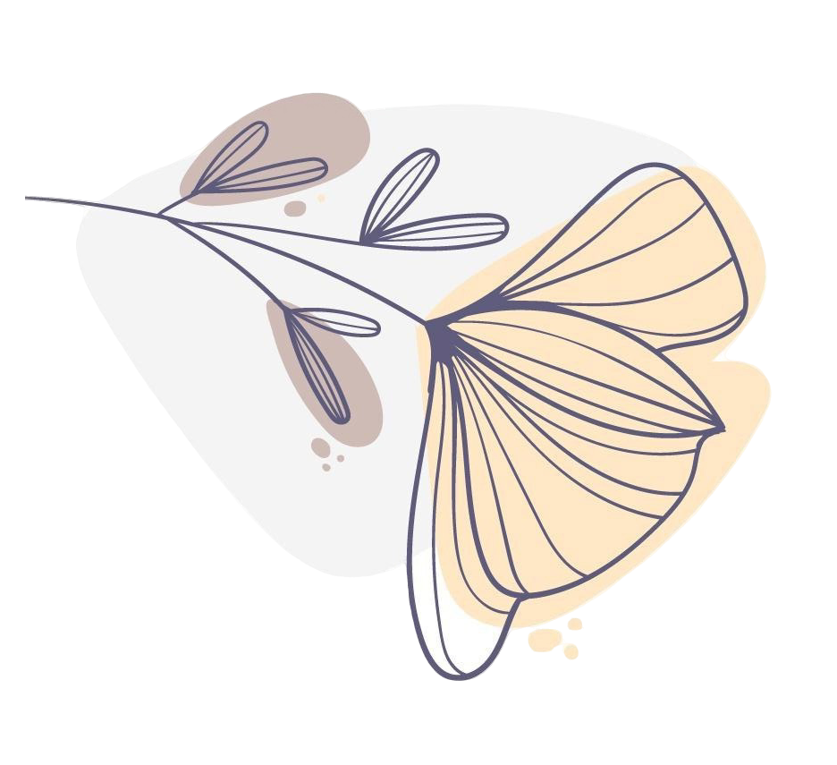 Minimalist line drawing of a butterfly with beige and dark blue outlines, accented with beige and taupe abstract shapes.