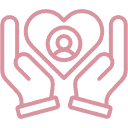Two hands gently holding a globe with a person symbol above it, representing care or support.