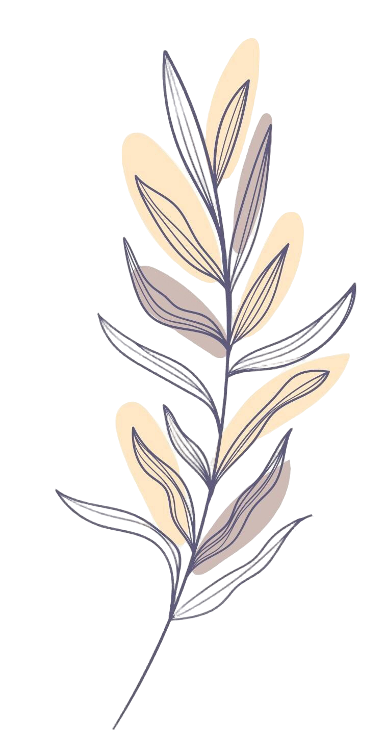 Stylized illustration of a plant with elongated leaves in shades of brown and gray, arranged along a central stem.