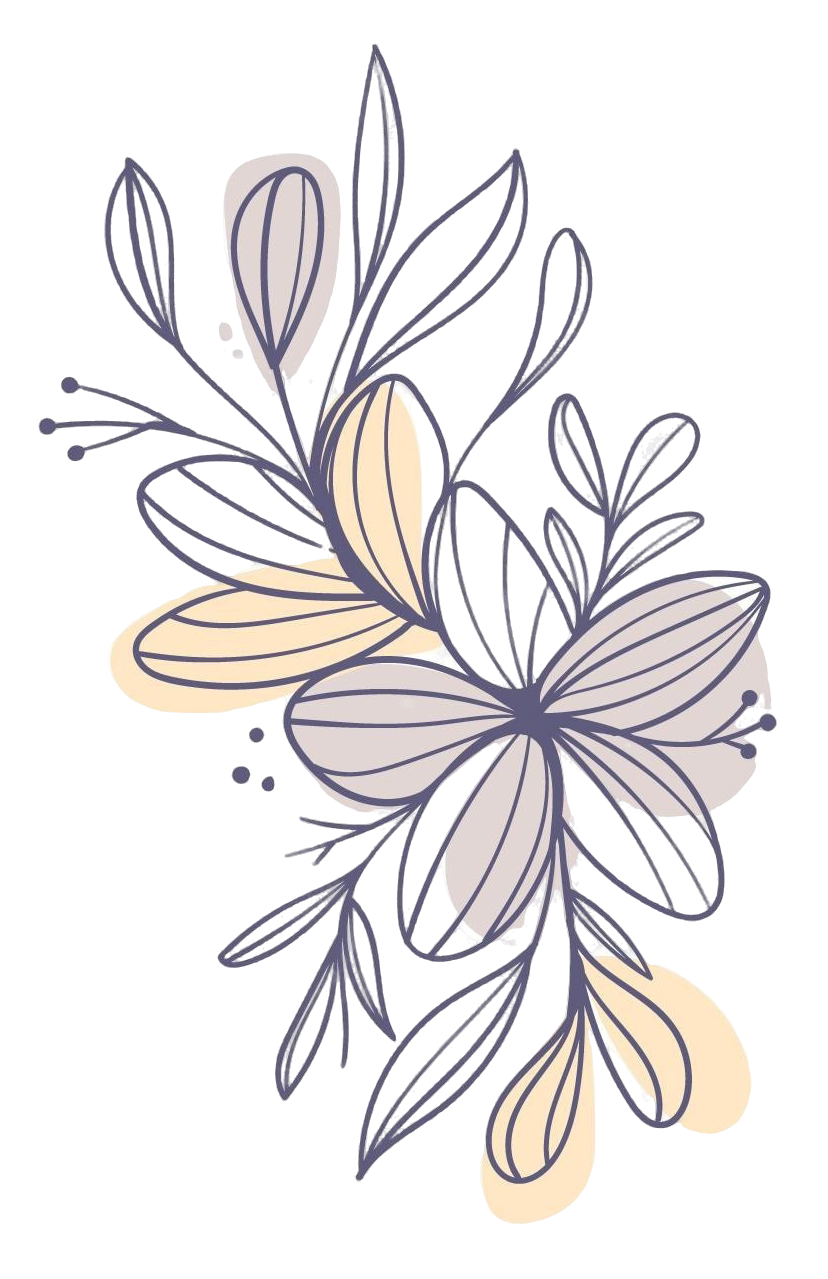 Stylized illustration of leaves and flowers in navy blue and cream colors with minimal line details.