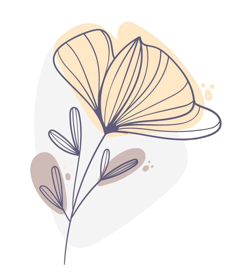 Abstract line drawing of butterfly and plant elements in soft beige, gray, and navy colors.