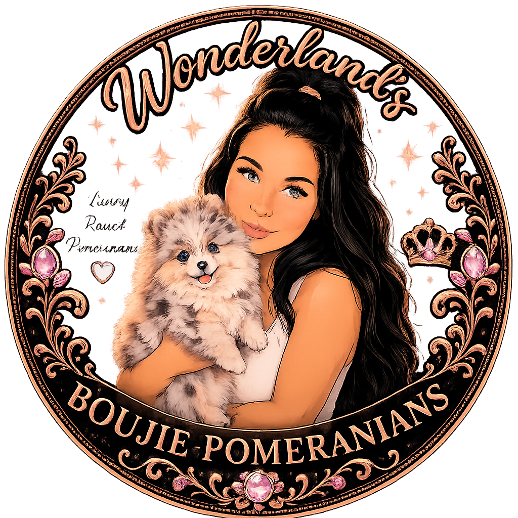 A woman with long dark hair holding a small fluffy puppy, surrounded by decorative floral and crown motifs with the text "Wonderland's Boujie Pomeranians" and additional stylized text.