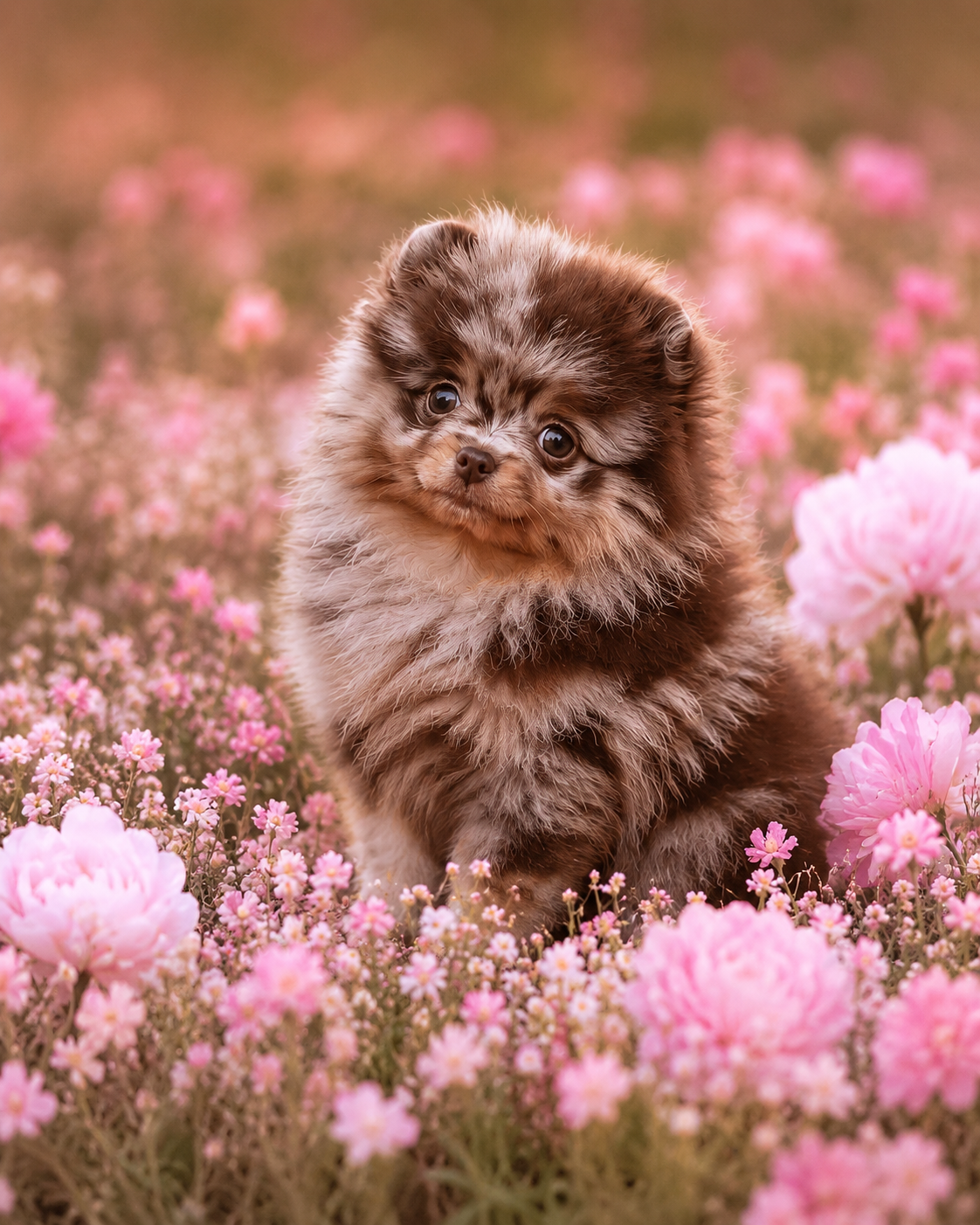 A fluffy brown and cream puppy with expressive eyes sitting in a field of pink flowers.