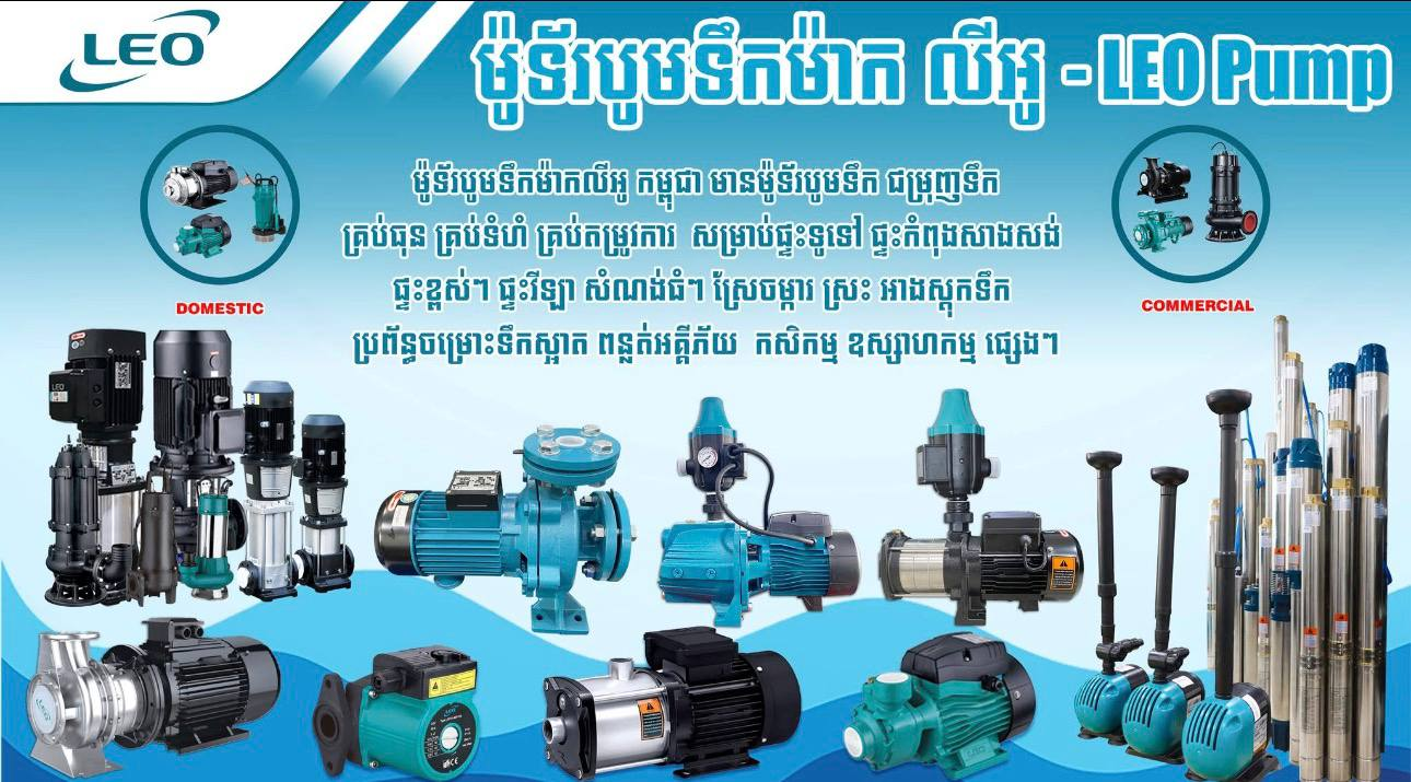 An advertisement displaying various models of domestic and commercial water pumps, with text in an Asian script and some English labels, including the words 'LEO Pump' and 'domestic' and 'commercial'.