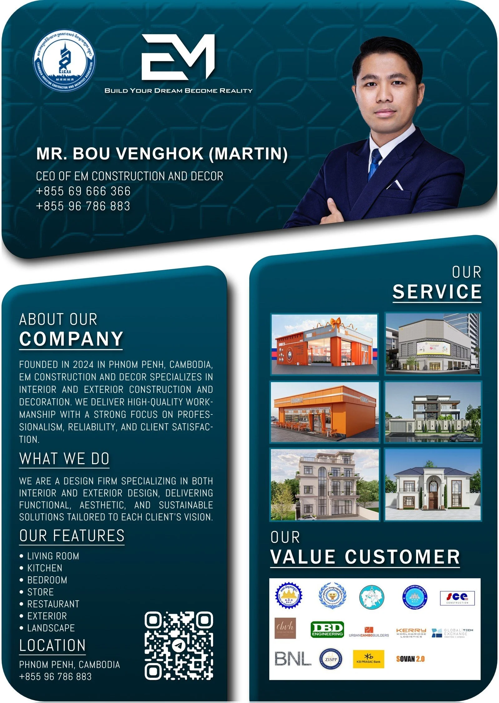 Business card for EM Construction and Decor featuring a man in a suit, company logo, contact details, images of various building projects, and logos of partner firms.