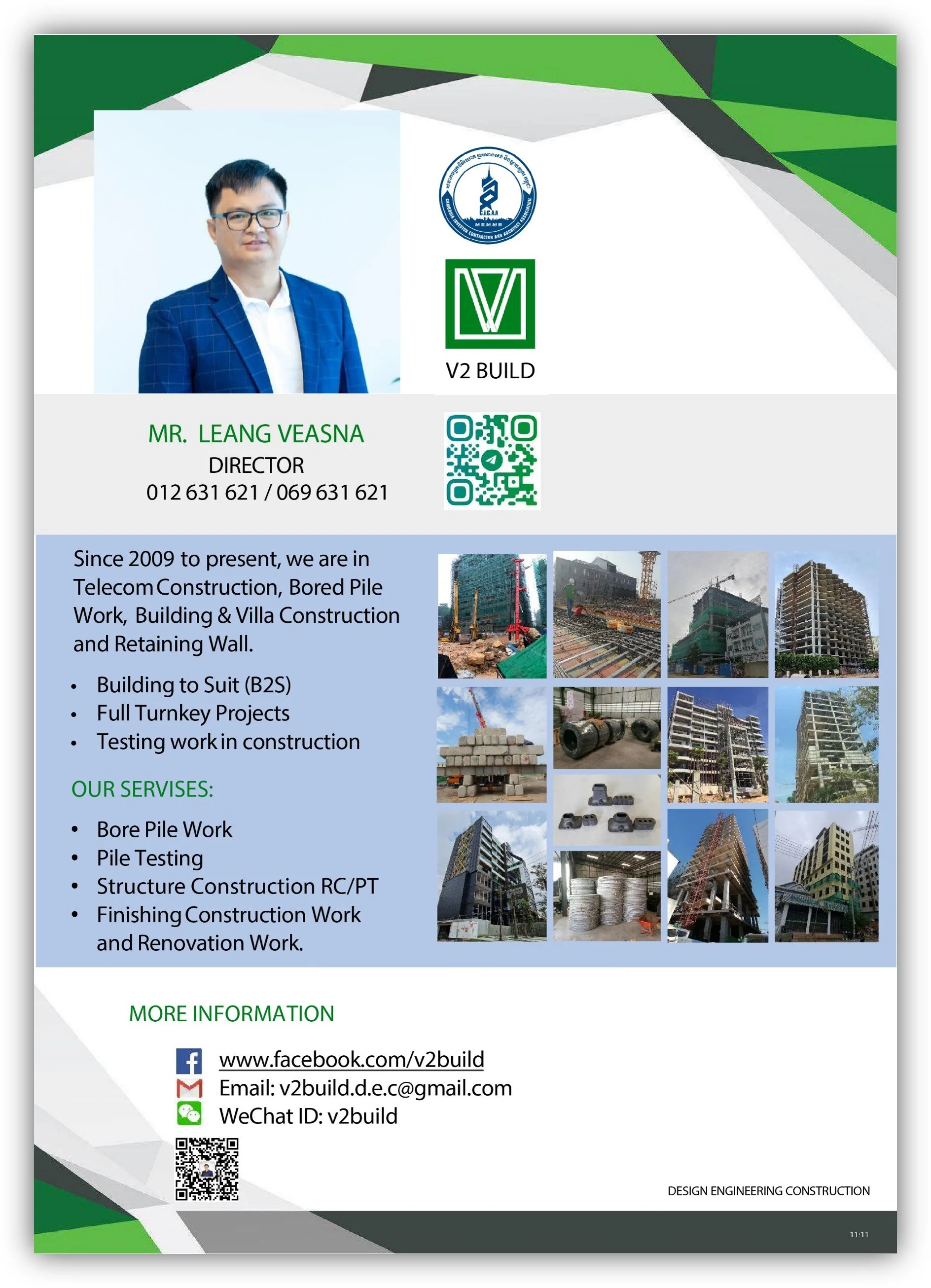 Construction company flyer featuring a portrait of a man in a blue plaid suit, multiple images of buildings under construction, company logo, contact information, QR code, and bullet points detailing services offered such as pile work, testing, and renovation.