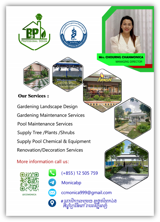 Business flyer for BP Professional Design, featuring contact information, services offered like gardening, pool maintenance, and renovation, with photos of gardens, pool, and a woman identified as Mrs. Choung Chamonica, managing director.