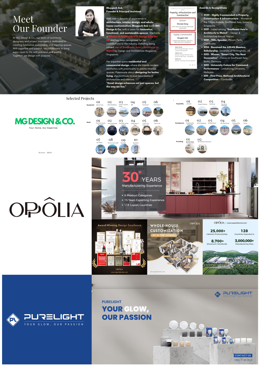 A digital collage featuring an architect's profile picture, awards, project highlights, corporate branding, and product advertisements for lighting and home fixtures.