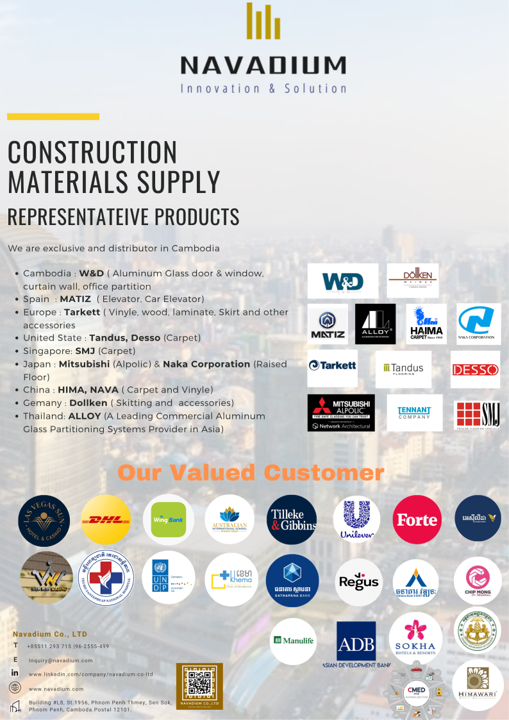 Navigation Construction Materials Supply brochure featuring product information, logos of brands and customers, and contact details.