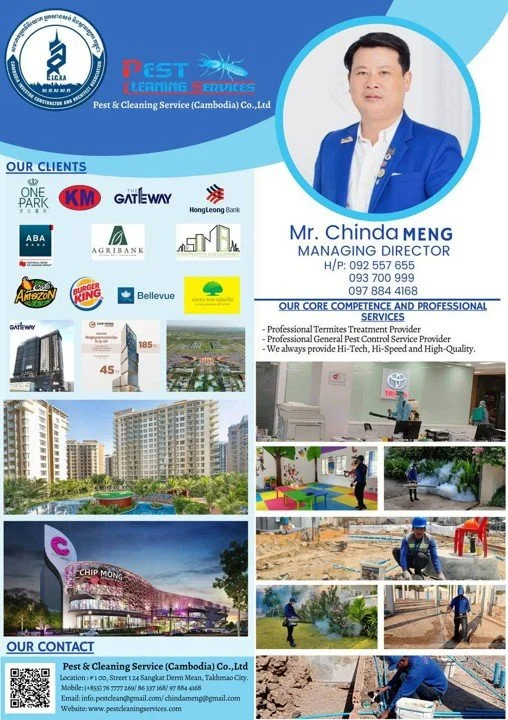 Business card for Pest & Cleaning Service Cambodia featuring the company logo, client logos, a photo of Mr. Chinda Meng, the Managing Director, and images of ongoing cleaning and maintenance work.