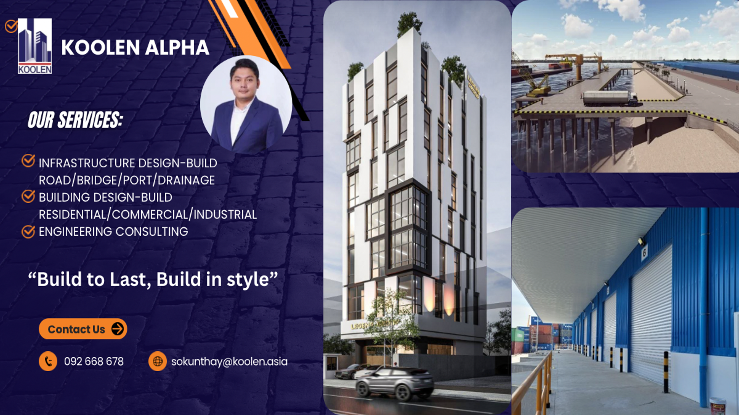 A promotional flyer for Koolen Alpha construction company featuring a photo of a man in a blue suit, images of modern architecture, construction sites, and industrial facilities, with the tagline "Build to Last, Build in Style" and contact information.