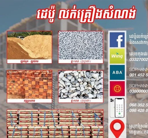 A poster displaying images of construction materials: sand, gravel, bricks, and rocks, with contact and social media information on the side.