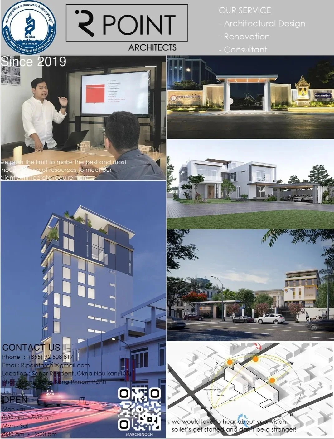 Business card or promotional material for R Point Architects, showing images of architectural projects including modern buildings, a street view, and a tall, multi-story tower, along with a presentation scene and contact information.