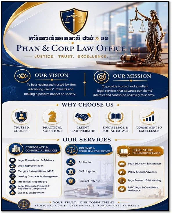 A promotional poster for Phan & Corp Law Office featuring a shield logo, scales of justice statue, and legal icons. It highlights their vision, mission, reasons to choose them, and services including legal consultation, defense, and legal education.