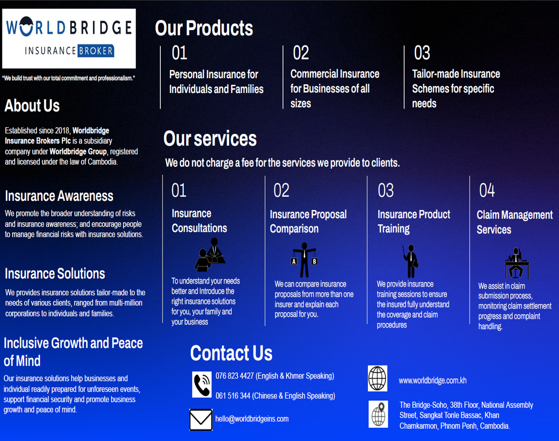 Insurance company's webpage detailing products, services, about us, insurance solutions, contact information, and address.
