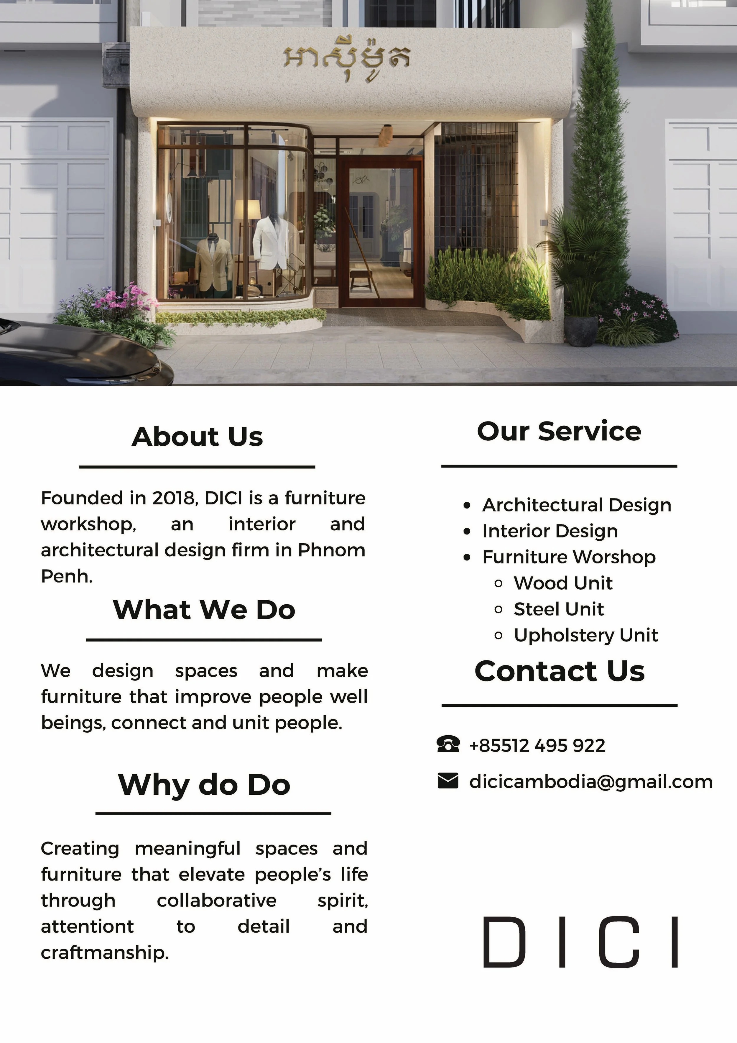 A modern storefront with large glass windows displaying suits and accessories, with a stone front and a small garden on either side, and text describing a furniture and interior design firm.