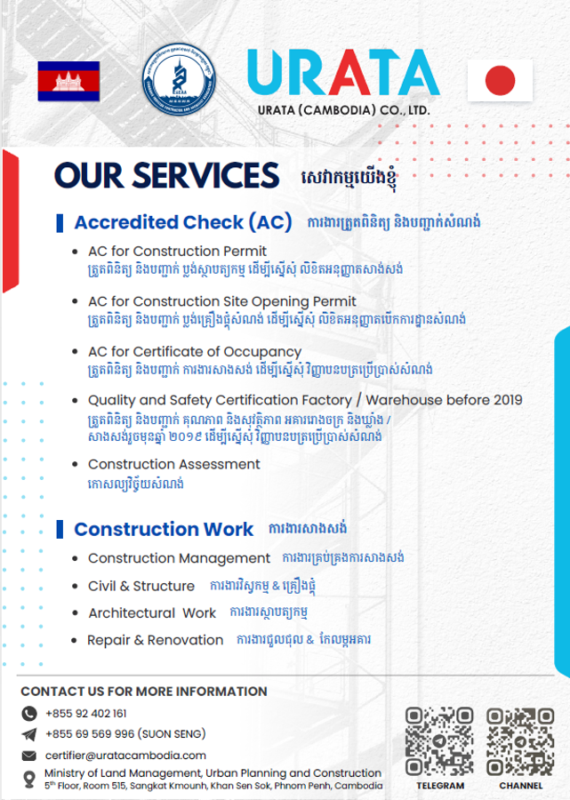 A poster for URATA Cambodia Co., Ltd. with services related to construction permits, certificates, safety, management, and architectural work, featuring logos, flag of Japan, and contact information.